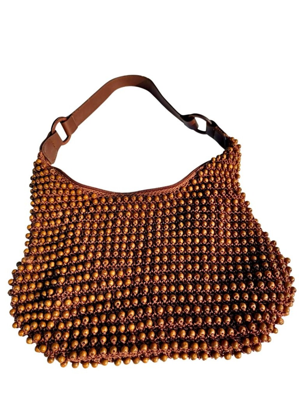 Purse Beaded Brown Wood Cloth Boho Crochet Woven Short Handle Handbag Womens  M